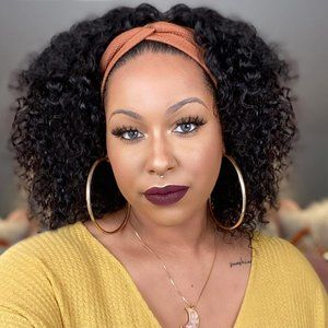 Headband Wig for Black Women Human Hair Curly Bob Glueless 10 Inch Natural Color
